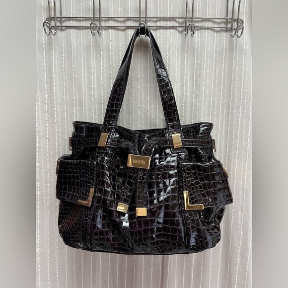 Michael Kors Beverly Satchel - Embossed Purple Patent Leather Shoulder Bag Purse - Picture 1 of 13